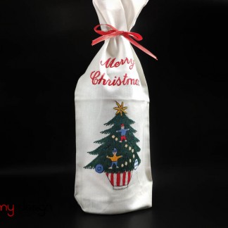   Christmas wine bottle cover-hand embroidered pine tree with pot